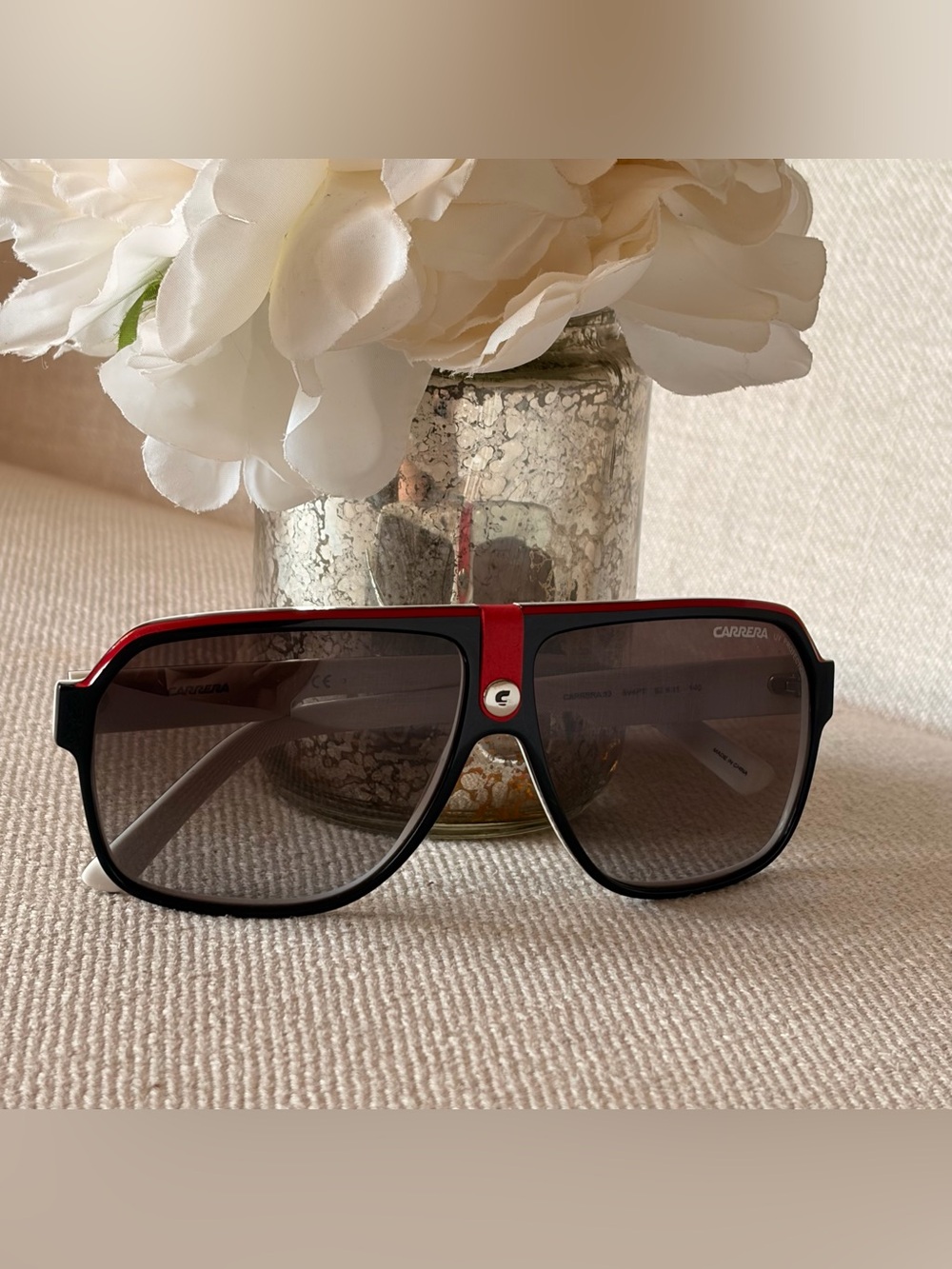 Carrera 33/S Matte Black Red White Shield Aviator Sunglasses Grey Gradient